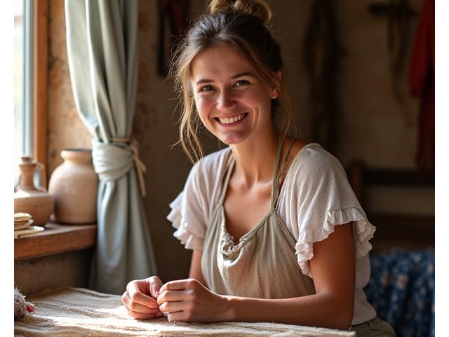 Une artisanale française souriante travaillant sur un métier à tisser traditionnel dans son atelier pittoresque, entourée d'œuvres d'art colorées, symbolisant le soutien aux communautés locales.