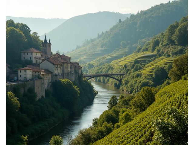 Vue aérienne d'un village français pittoresque niché dans une vallée verdoyante avec des champs en terrasses, symbolisant l'harmonisation de la culture et de la nature.