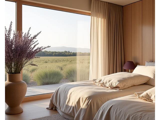 Intérieur d'une chambre d'hôtel écologique et moderne en Provence, avec un mobilier en bois naturel, des plantes vertes et une grande fenêtre donnant sur un champ de lavande, baignée de lumière naturelle.