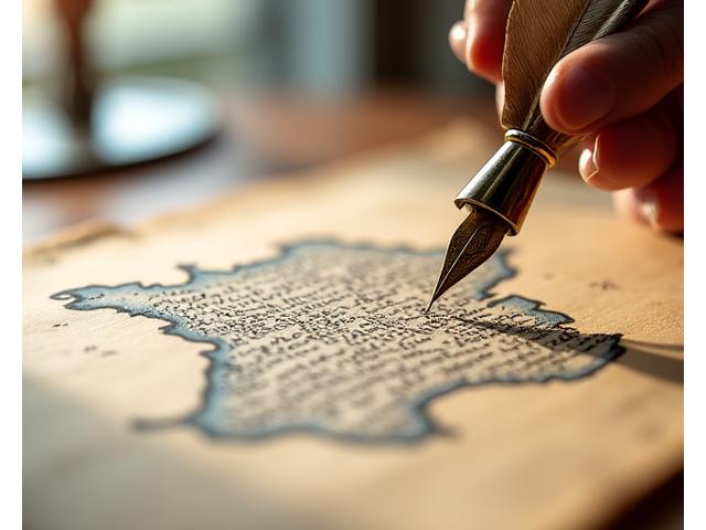 Illustration of a legal document being signed with a quill pen over a map of France, symbolizing formal agreement and cultural journey.