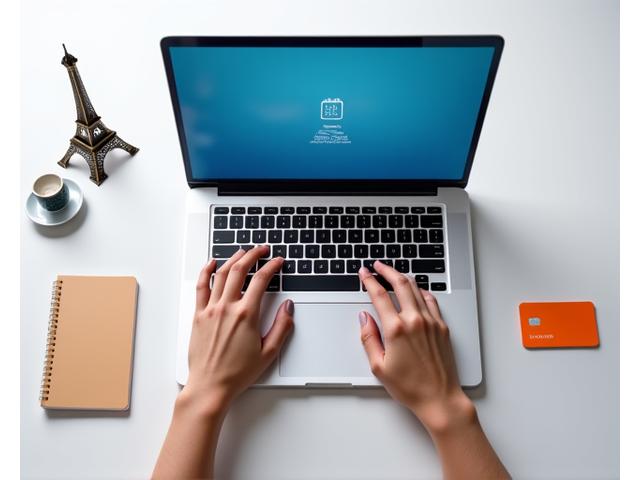 Close-up of hands typing on a laptop with a credit card, calendar icon, and a small Eiffel Tower figurine nearby, symbolizing secure booking and planning.