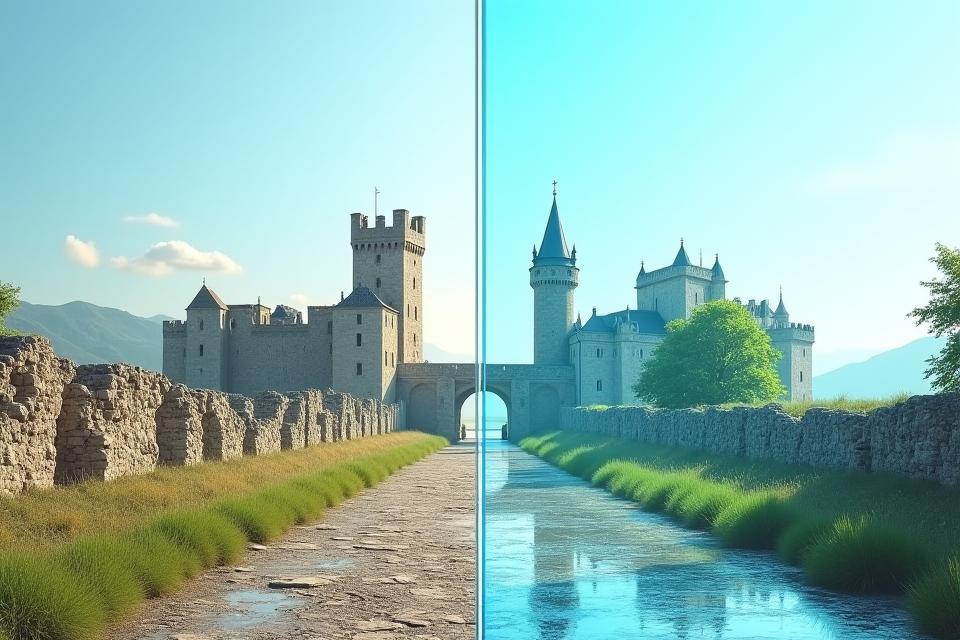 Illustration d'une fonctionnalité de réalité augmentée. Un château médiéval actuel est affiché à côté de sa reconstruction virtuelle superposée, montrant ses tours complètes et ses ponts, avec un slider pour comparer le passé et le présent.