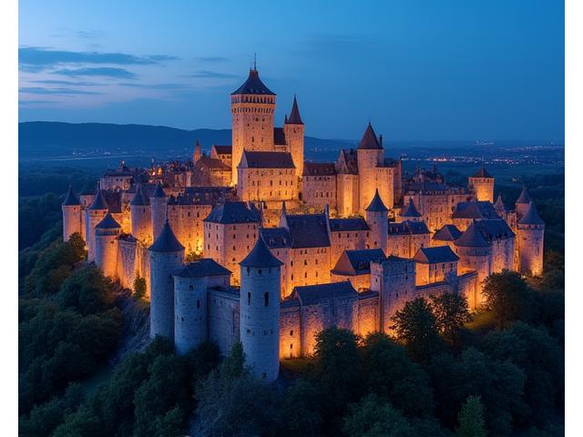 Cité de Carcassonne fortifiée, vue aérienne au crépuscule, les murs de pierre et les tours illuminées.