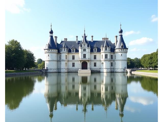 Château de Chambord, majestueux et symétrique, reflété dans l'eau de ses fossés, avec ses toits complexes et ses cheminées ornées.