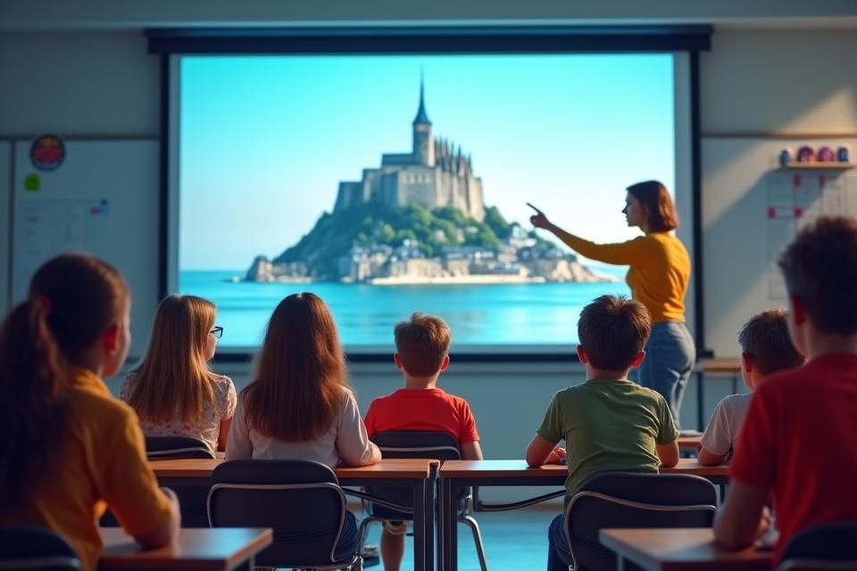 Un groupe d'élèves engagés dans un cours d'histoire, regardant une projection murale d'une visite virtuelle du Mont Saint-Michel, le professeur interagissant avec eux.