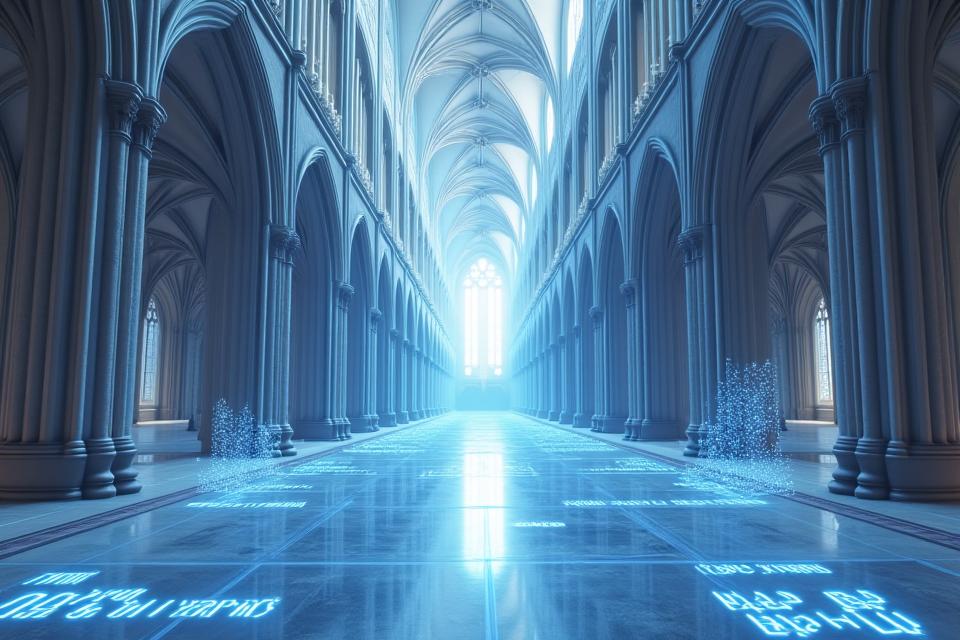 Interface d'une visite virtuelle 360 degrés interactive montrant l'intérieur restauré de Notre-Dame, avec des points chauds cliquables et une barre de chronologie en bas