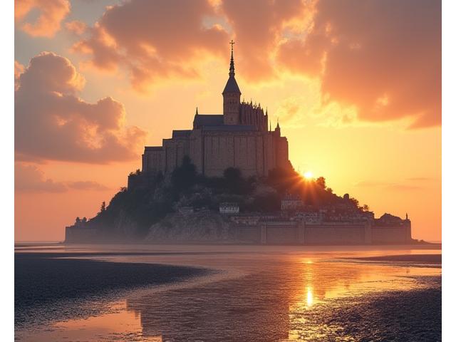 Mont Saint-Michel majestueux au lever du soleil, entouré par la marée montante et des reflets dorés.