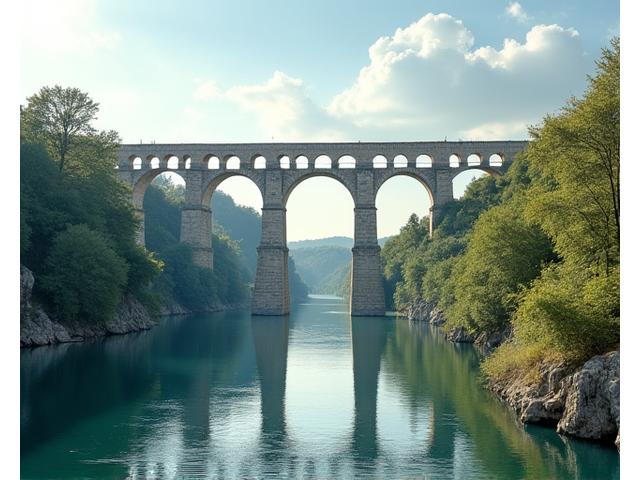 Pont du Gard, ancien aqueduc romain à trois arches, traversant la rivière, sous un ciel légèrement nuageux.