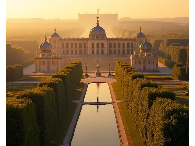 Château de Versailles, vue aérienne des jardins de Le Nôtre avec les fontaines actives et ses ornementations dorées, sous un ciel bleu clair.